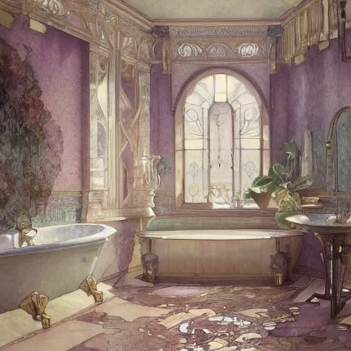 Image similar to a beautifull intricate watercolour painting of a bathroom, reflexions, verry high details by william turner art, greg rutkowski and alphonse mucha, trending on artstation, very very detailed, masterpiece, muted colors