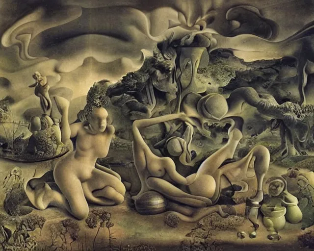 Image similar to a surreal landscape inhabited strange figures in the background that get larger in the forgeound by hans bellmer, salvador dali, rachel ruysch