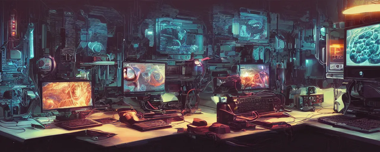 Prompt: A desktop computer with integrated human brains, digital art, 4k wallpaper, deep colors, by Artgerm, by Mike Deodato, by Simon Stalenhag