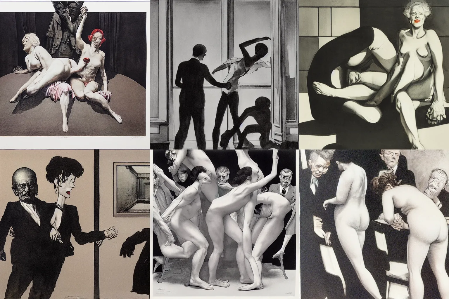 Prompt: the centre cannot hold, a metaphor for the division and destruction of social order, black and white print by richard avedon, edward hopper and milo manara