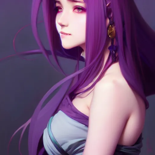 Prompt: beautiful anime girl, hourglass slim figure, purple hair and attractive features, portrait, seductive smile, highly detailed, digital painting, artstation, concept art, sharp focus, illustration, art by artgerm and greg rutkowski and alphonse mucha