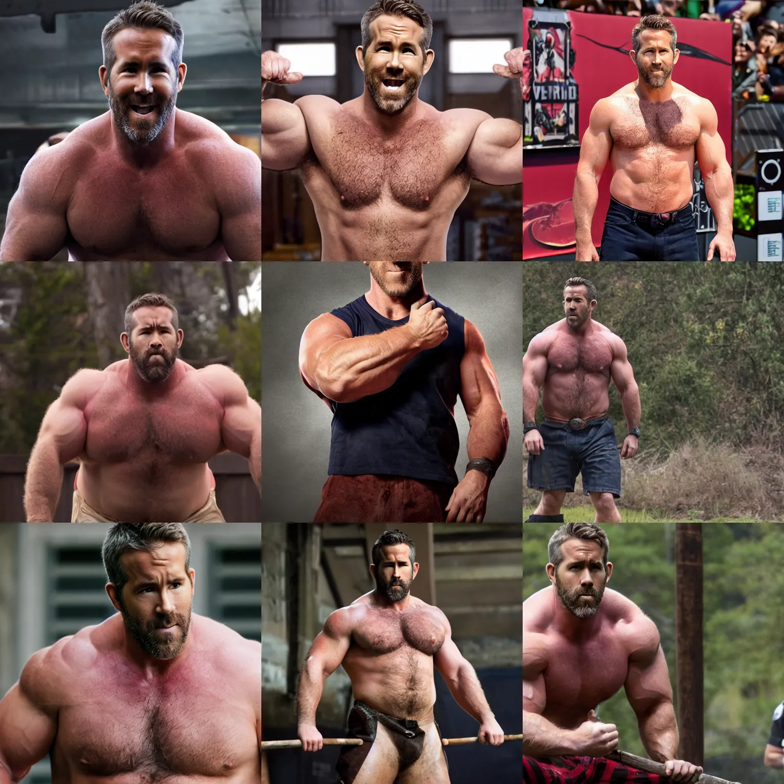 Prompt: ryan reynolds as a big burly padded strongman, 4 k hd