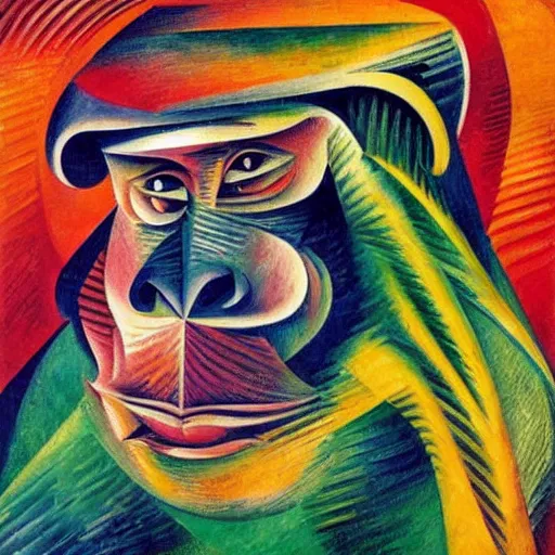 Image similar to cubo - futurism art portrait of an ape monkey by umberto boccioni, futuristic very abstract style, color painting