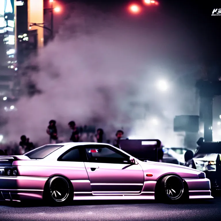 Image similar to a car Nissan R33 GTR twin turbo drift at illegal car meet, Shibuya prefecture, city midnight mist lights, cinematic lighting, photorealistic, highly detailed wheels, high detail