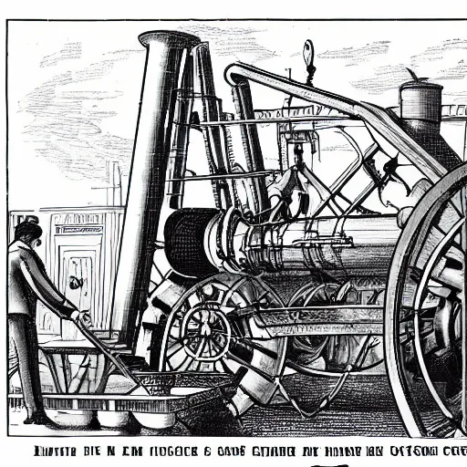 Prompt: industrialist working on a giant steam engine, cartoon