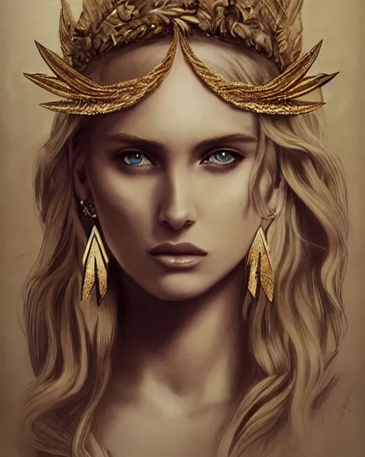 Image similar to tattoo design sketch of hot blonde super model as aphrodite greek goddess wearing a gold laurel wreath and triangle earrings, beautiful piercing gaze with sharp pupils, in the style of greg rutkowski, fantasy, amazing detail, epic, elegant, smooth, sharp focus, front view