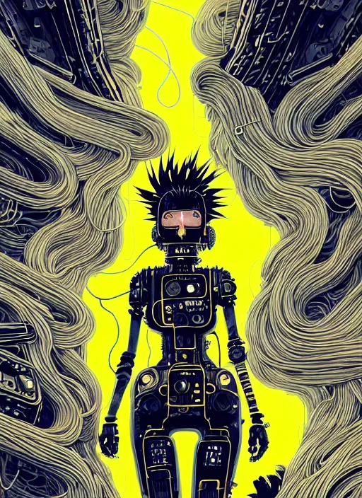 Image similar to highly detailed portrait of wasteland punk long curly bright yellow and white plasma electricity hair tribal lady, stray electric spark wiring by atey ghailan, james gilleard, by joe fenton, by greg rutkowski, by greg tocchini, by kaethe butcher, 4 k resolution, gradient yellow, black and white color scheme!!! ( ( lightning cloudy robotic dystopian city background ) )