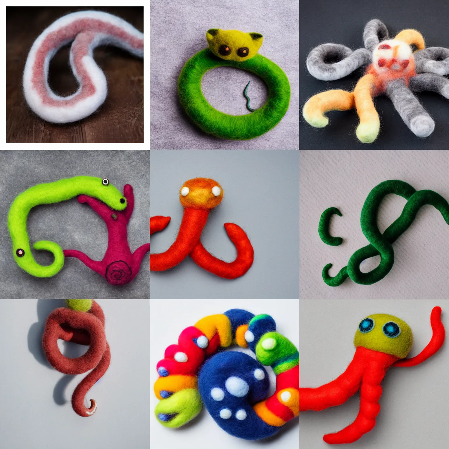 Prompt: Needle felted ferocious tentacle monster product shot on a white background, cute, 4K, DSLR