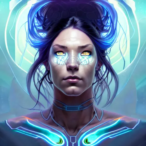 Image similar to cyborg, female, fantasy, bioluminiscence, flowing hair, portrait, highly detailed, digital painting, beautiful eyes, symmetry, concept art, sharp focus, illustration, art by artgerm and greg rutkowski and magali villeneuve and ilya kuvshinov! : : alphonse mucha : : - 0. 2