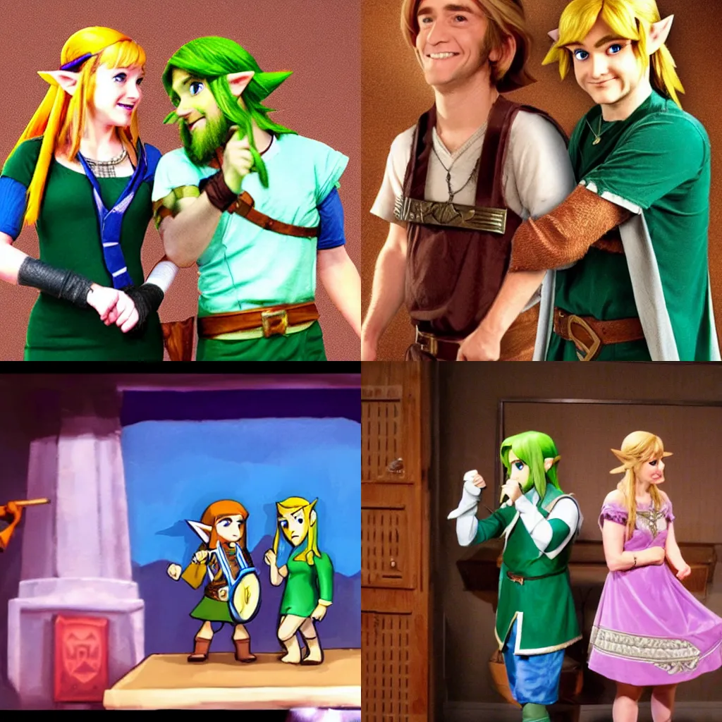 Prompt: Zelda and Link from Legend of Zelda doing a comedy show