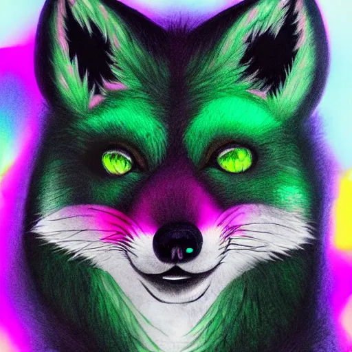 Image similar to close up of photorealistic green fox with green fur and glowing magenta eyes, wearing a black hoodie