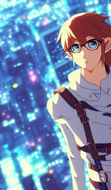 Image similar to anime fine details portrait of Link in front of cyberpunk moder city landscape on the background deep bokeh, close-up view, anime masterpiece by Studio Ghibli. 8k, sharp high quality anime, artstation