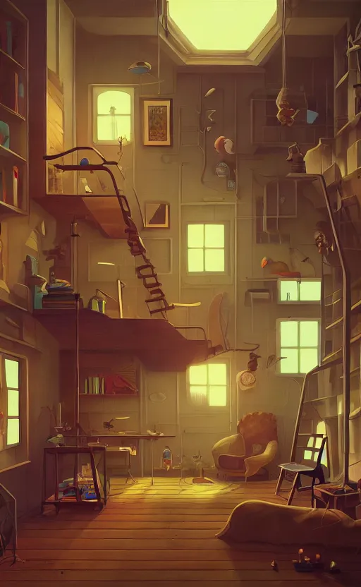 Image similar to Interior shot of a cozy loft by Petros Afshar and Beeple, James Gilleard, Mark Ryden, Wolfgang Lettl highly detailed