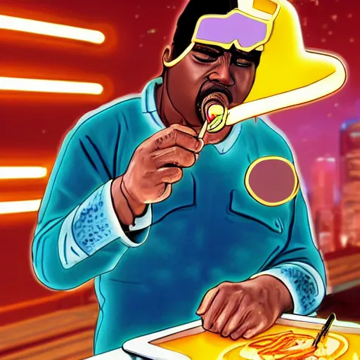 Prompt: a hyper realistic ultra realistic photograph of Geordi La Forge spitting up neon gravy, highly detailed, 8k photograph