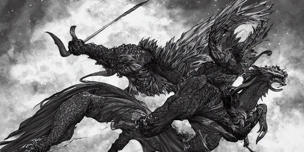 Image similar to archer. dragon. night sky. moon. mountain. dark fantasy. high resolution. epic fight. detailed. digital art. artstation. by kentaro miura