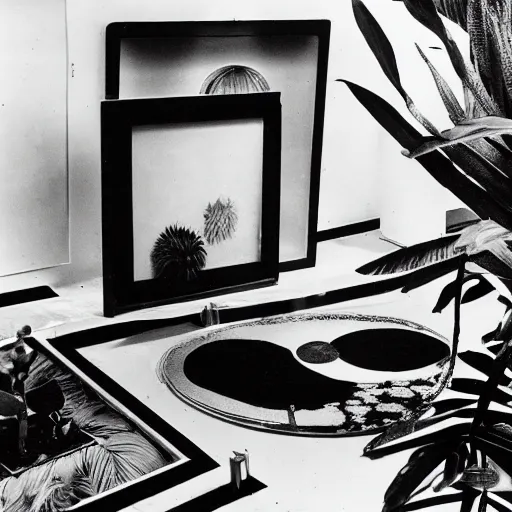 Image similar to A black and white photography of an exhibition space with objects of Sun Ra, Marcel Duchamp and tropical plants, 60s, offset lithography print, close up shot