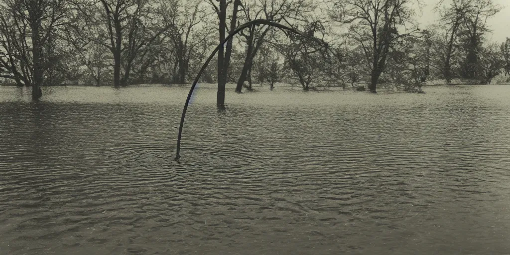 Image similar to centered photograph of a long rope zig zagging across the surface of the water, floating submerged rope stretching out towards the center of the lake, a dark lake on a cloudy day, color film, trees in the background, hyperedetailed photo, anamorphic lens, 2 0 0 1