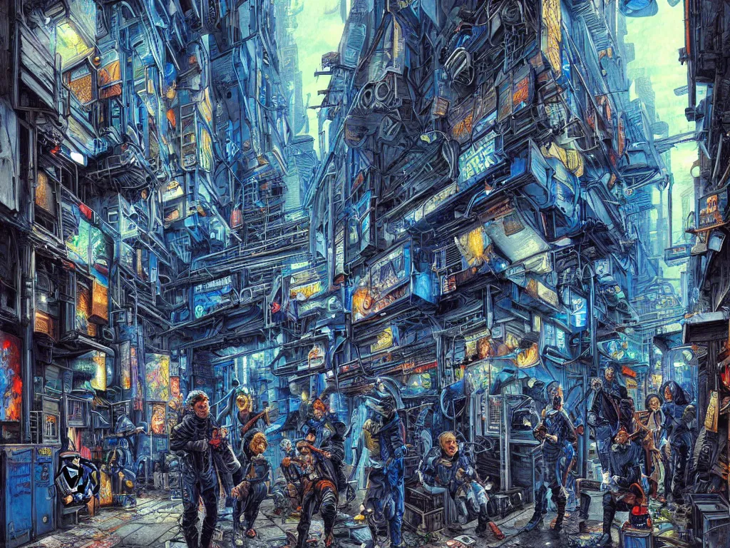 Prompt: a cyberpunk gang in the alleyway between buildings, graffiti, fine detail, intricate, polished, smooth, ultradetailed, blue color scheme, digital art, illustration, impressionist, by john smith and noriyoshi ohrai