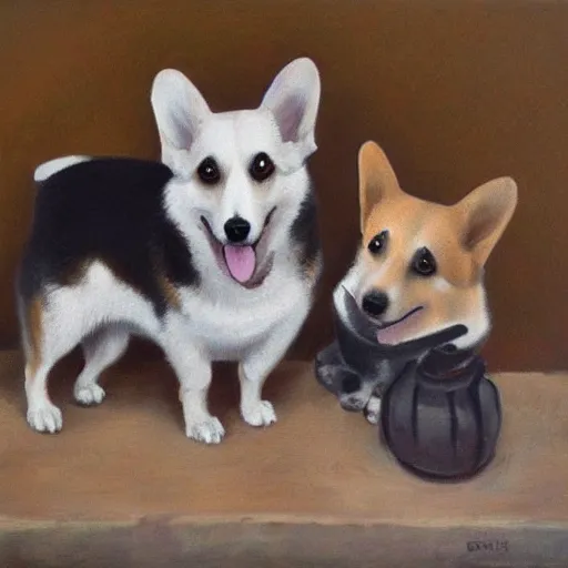 Image similar to highly detailed oil painting of corgis by bosch