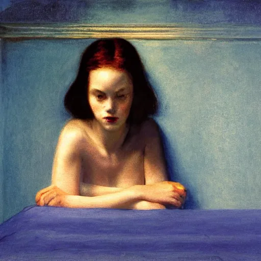 Image similar to close up of a girl in a blue and gold haunted liminal abandoned room, film still by edward hopper, by gottfried helnwein, by klimt, art noveau, highly detailed, strong lights, liminal, eerie, bright pastel colors,