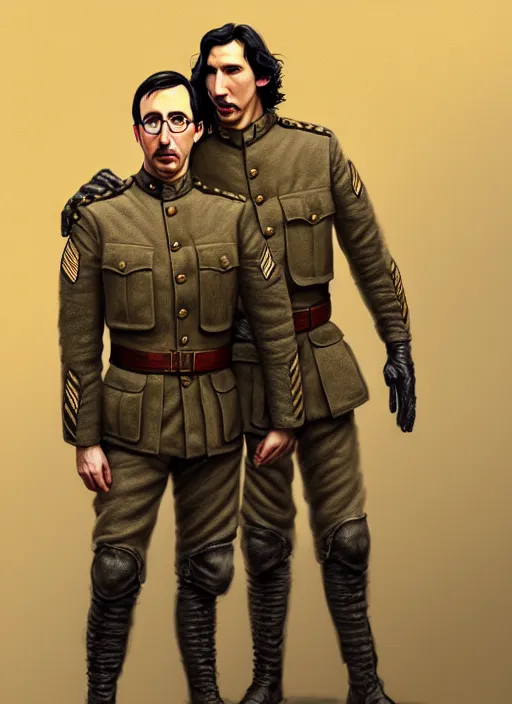 Image similar to a portrait of john oliver and adam driver posing together, stoic, military uniform, fantasy, intricate, elegant, beautiful, highly detailed, centered, digital painting, artstation, concept art, smooth, sharp focus, illustration, art style by klimt and nixeu and ian sprigger and wlop and krenz cushart