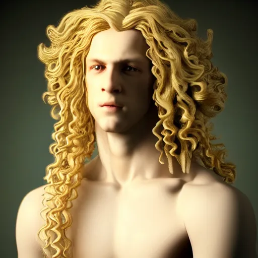 Prompt: Beautiful 3d render of the pale blond androgynous prince in a sensual pose, long curly golden blond hair, baroque curls, very very pale white skin, atmospheric lighting, painted, intricate, volumetric lighting, beautiful, rich deep colours masterpiece, golden hour, sharp focus, ultra detailed, in the style of Dan Mumford and Johfra Bosschart, with a crowded futuristic cyberpunk city in the background, astrophotgraphy