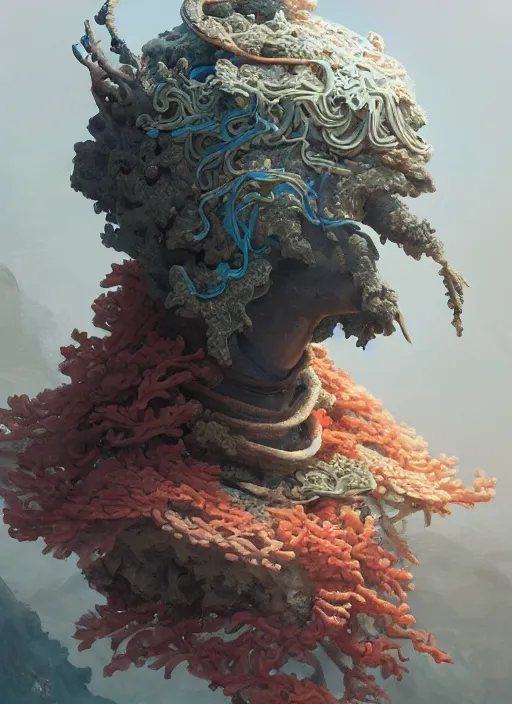 Image similar to Helmet of a forgotten Deity, corals, ribbons made of seaweed, extremly detailed digital painting, in the style of Fenghua Zhong and Ruan Jia and jeremy lipking and Peter Mohrbacher, mystical colors, rim light, beautiful lighting, 8k, stunning scene, raytracing, octane, trending on artstation