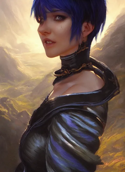 Image similar to girl with black and blue hair, pixie haircut, beautiful highly detailed face, complementary lighting, backlit, eyeshadow, grinning, adventure, alluring gaze, dramatic lighting, landscape background, beautiful painting by artgerm and greg rutkowski and raymond swanland