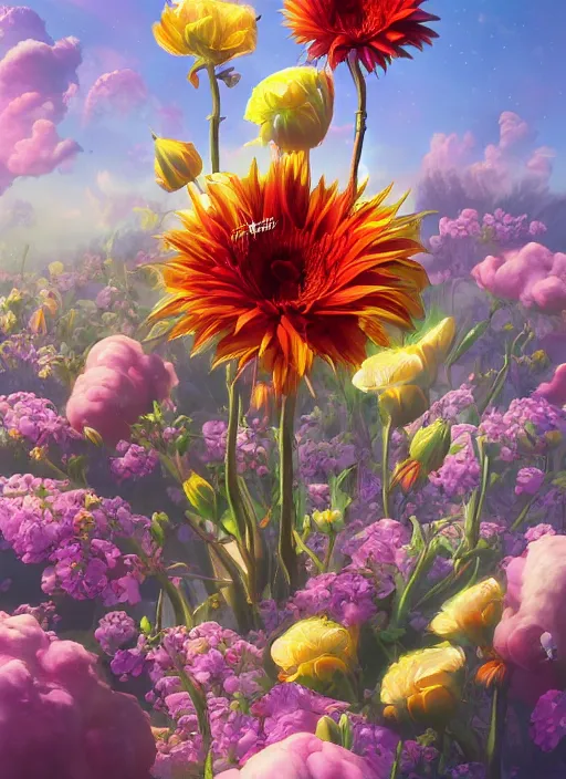 Image similar to An epic fantastic realism comic book style painting of the most beautiful flowers launched into space, bouquets, fisheye lens, unreal 5, DAZ, hyperrealistic, octane render, dynamic lighting