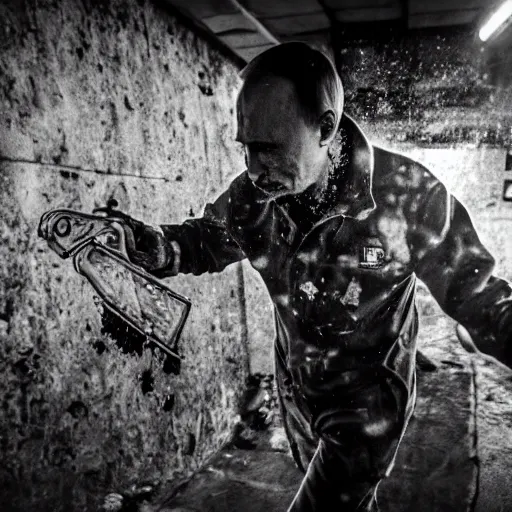 Image similar to putin with a chainsaw. in a concrete bunker with a pile of corpses. focus on putins face with blood splatters. canon eos r 3, f / 1. 4, iso 1 6 0 0, 1 / 8 0 s, 8 k, raw, grainy