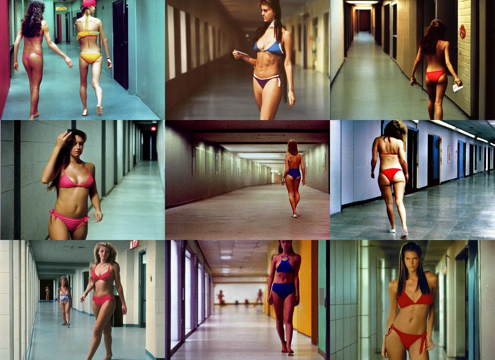 Prompt: color photography portrait of a woman in bikini walking in the school hallway, 1 9 9 0 s life magazine.