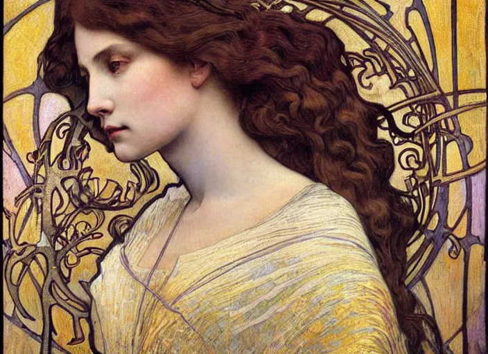 Image similar to detailed realistic beautiful young medieval queen face portrait by jean delville, alphonse mucha, vincent van gogh, and marco mazzoni, art nouveau, symbolist, visionary, gothic, pre - raphaelite