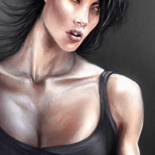 Image similar to a black haired woman in a black tank top, muscular upper body, abs, d & d, fantasy, intricate, elegant, highly detailed, digital painting, artstation, concept art, smooth, sharp focus, illustration, art by simon bisley