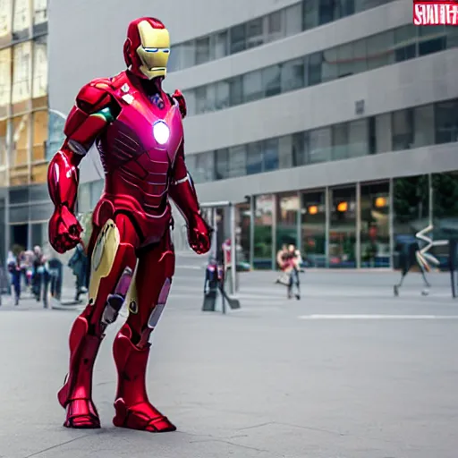 Image similar to ironman spotted in the city, tmz, sony a 7 r iv, symmetric balance, polarizing filter, photolab, lightroom, 4 k, dolby vision, photography award