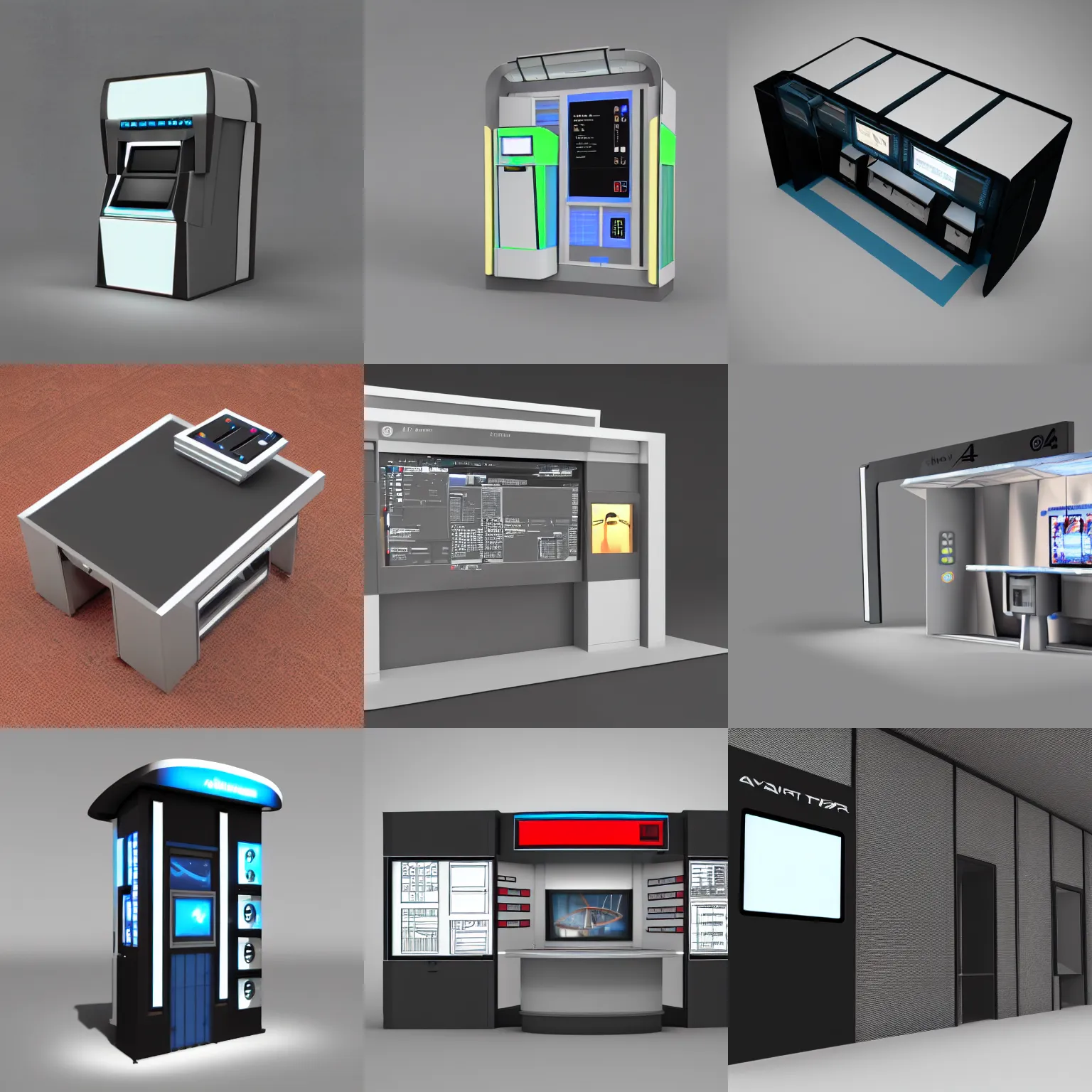 Prompt: industrial design of an Avatar-like kiosk cinema4d render