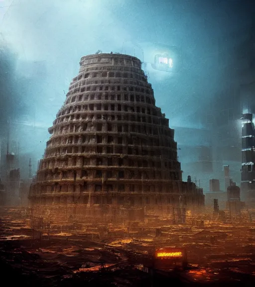 Prompt: tarkovsky cyberpunk greatest scene, ancient tower of babylon,, hyperrealistic, cyber world, ambient lighting, concept art, hyper - detailed, smooth, octane, ray tracing, cinematic, high quality