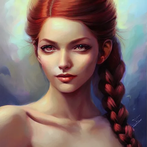 Prompt: a beautiful painting of a smiling woman with auburn side braid and pretty hazel eyes representative of the art style of artgerm and wlop and peter mohrbacher, portrait