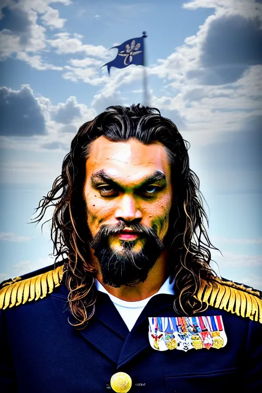 Image similar to portrait of Jason Momoa as an admiral in the Royal Navy, royal portrait