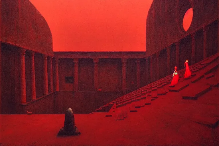 Image similar to only with red, a red melted emperor, taormina amphitheatre, crowd hails him, in the style of beksinski, parts by edward hopper, parts by rodcenko, parts by yue minjun, intricate and epic composition, red by caravaggio, insanely quality, highly detailed, masterpiece, red light, artstation, 4 k