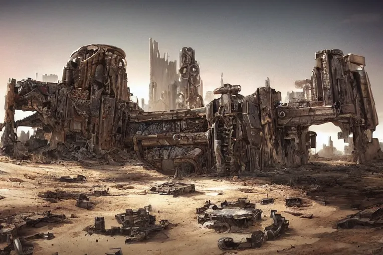 Image similar to desert landscape futuristic city ruins fallout post apocalyptic burning robot