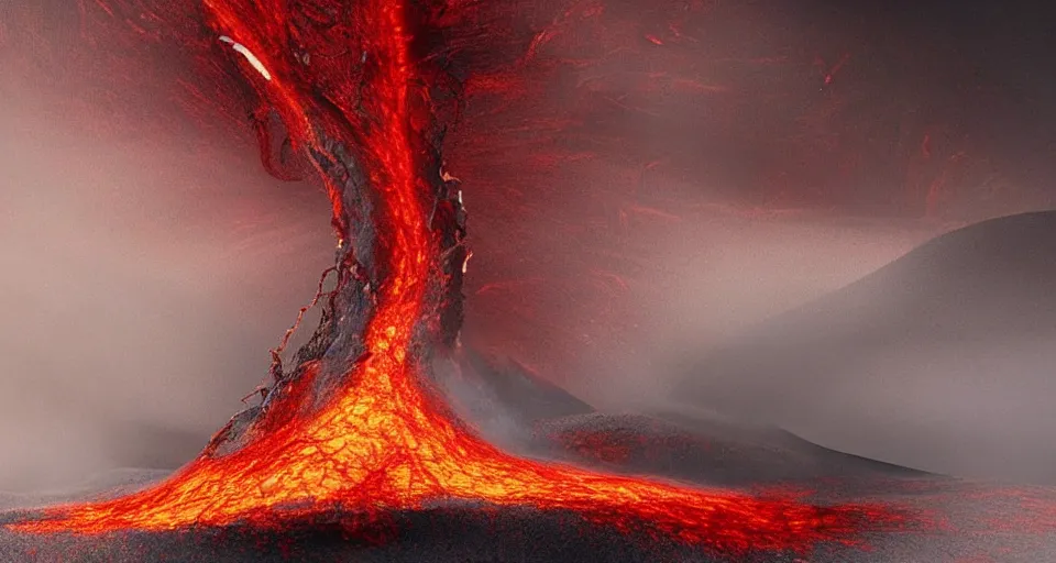 Prompt: a volcano made of ivory vines and crimson rocks enters in eruption, it spits a smoke in the shape of demonic eye, by Pixar Concept Artists