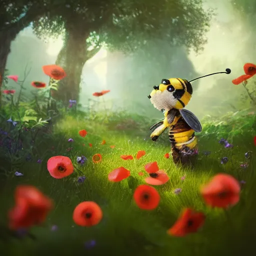 Image similar to A cute Bee in a garden, huggy wuggy from poppy playtime video game, fullbody, ultra high detailed, glowing lights, oil painting, Greg Rutkowski, Charlie Bowater, Beeple, unreal 5, DAZ, hyperrealistic, octane render, RPG portrait, dynamic lighting, fantasy art, beautiful face