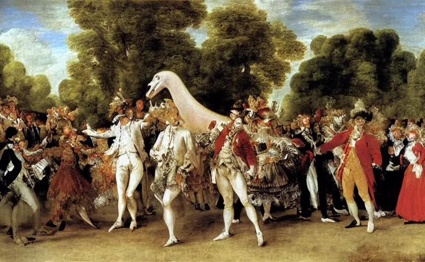 Prompt: oil painting by watteau of a tyrannosaurus rex in a a fete galante at versailles.
