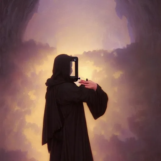 Image similar to artistic scene of a Death taking a selfie a black cloak, a rainbow in the dark, colorful, by Michael Whelan, William Adolphe Bouguereau, and Donato Giancola, highly rendered, beautiful, cyberpunk, moody lighting, glowing light and shadow, atmospheric, shadowy, cinematic, 8K