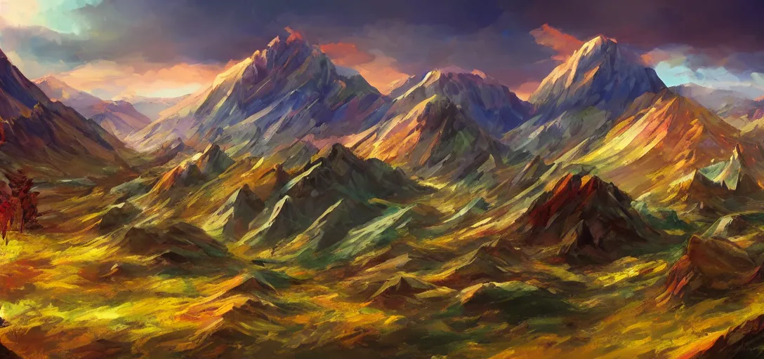 Image similar to vast mountain landscape, craggy mountains, magic the gathering, three - colors, three - color color palette, panoramic, wide angle, horizon, highly detailed