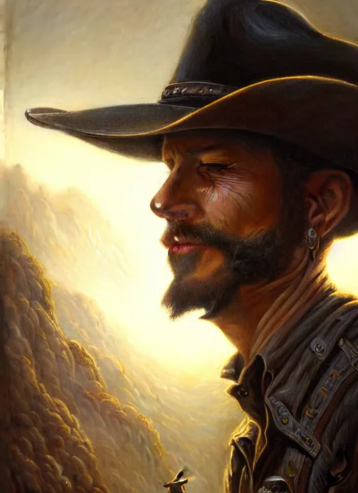 Prompt: closeup portrait shot of a cowboy in nature in a scenic dystopian environment, intricate, elegant, highly detailed, centered, digital painting, artstation, backlit, concept art, smooth, sharp focus, illustration, artgerm, tomasz alen kopera, peter mohrbacher, donato giancola, joseph christian leyendecker, wlop, boris vallejo