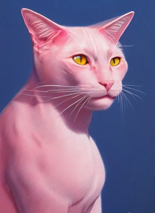 Image similar to a portrait of a pink cat, art by boris vallejo and greg danton and denys tsiperko, detailed, hyperrealism, artstation