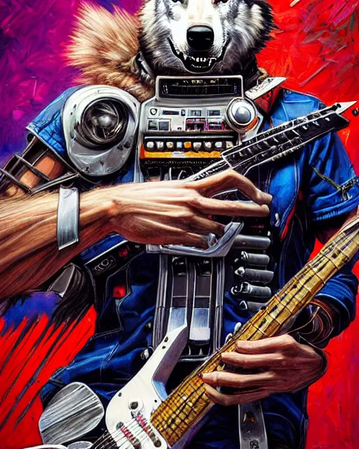 Image similar to a portrait of an anthropomorphic cyberpunk wolf shredding an electric guitar by sandra chevrier, by jon foster, detailed render, tape deck, epic composition, cybernetics, 4 k realistic, cryengine, realistic shaded lighting, sharp focus, masterpiece, by enki bilal