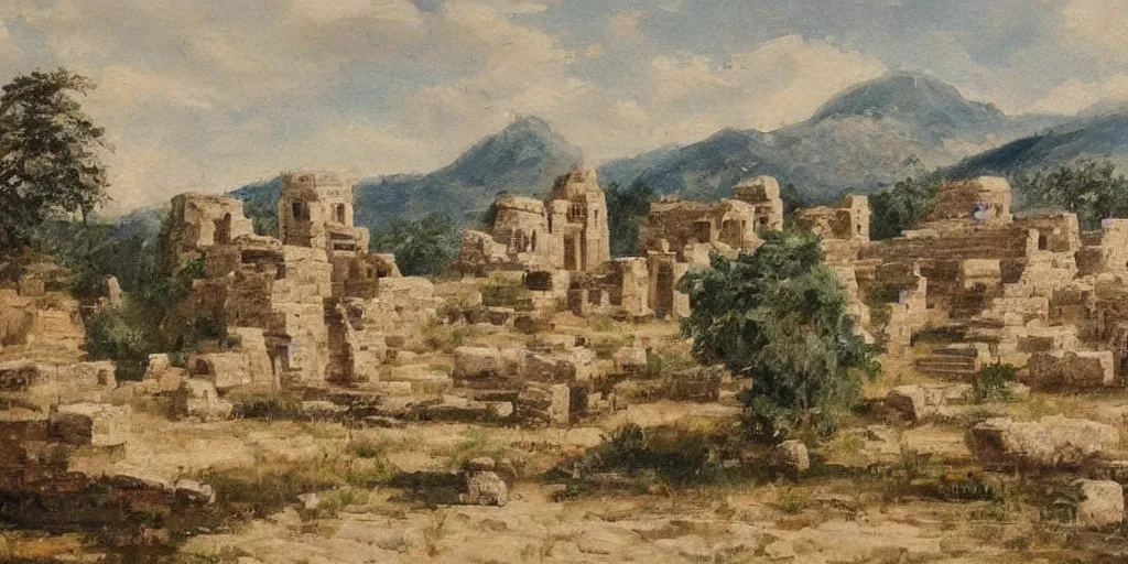 Image similar to stunning landscape painting of an ancient city