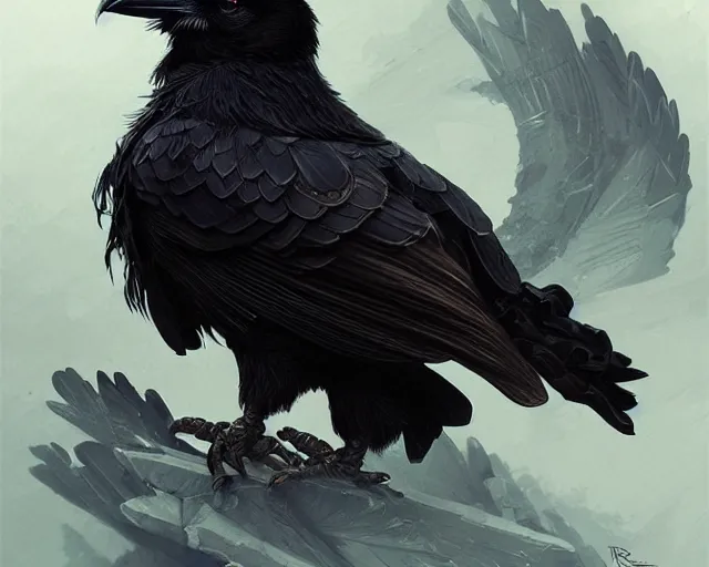 Image similar to highly detailed black raven bird, deep focus, d & d, fantasy, intricate, elegant, highly detailed, digital painting, artstation, concept art, matte, sharp focus, illustration, hearthstone, art by artgerm and greg rutkowski and alphonse mucha